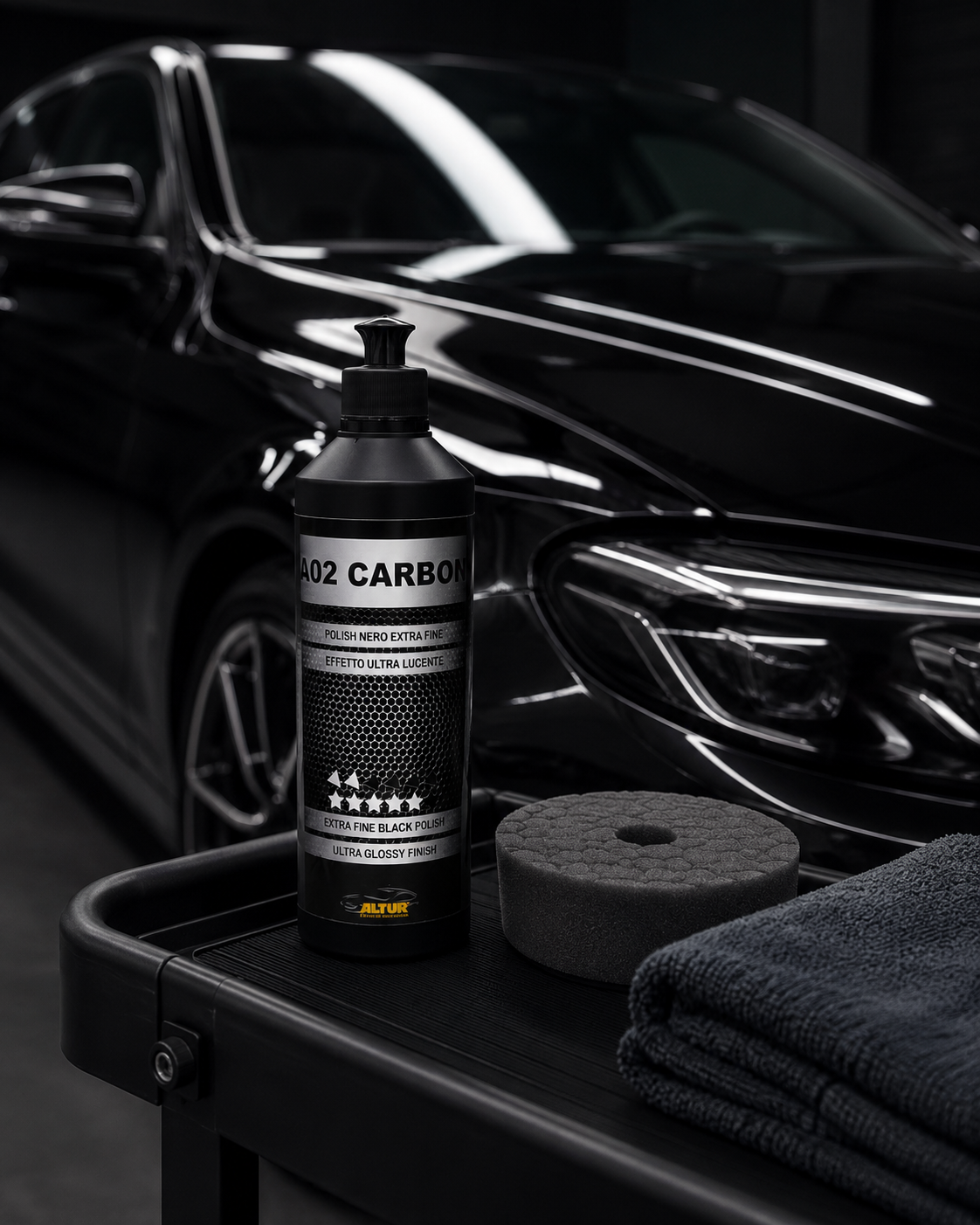 Mirror efekt na crnom automobilskom laku nakon poliranja Altur A02 Carbon pastom