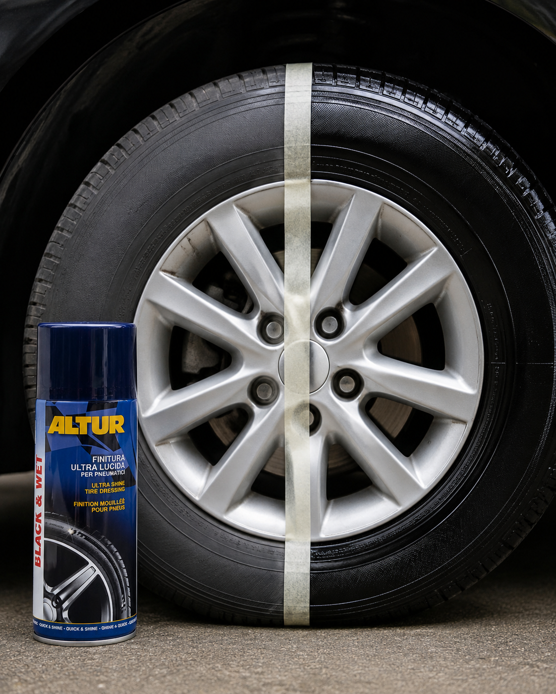Sjajna automobilska guma nakon nanošenja Altur Black & Wet premaza